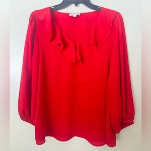 LOFT Red Blouse with Ruffled Neckline